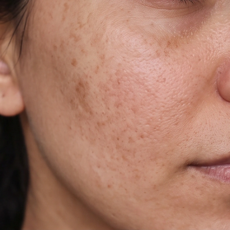 Close-up of a cheek with flat brown post-acne marks